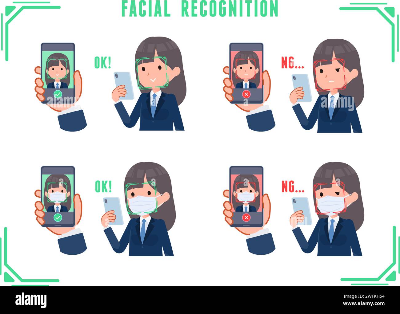 Ein Set von Navy Blazer Studentinnen, die Gesichtserkennung auf ihren Handys machen. Es ist Vektorkunst so einfach zu bearbeiten. Stock Vektor