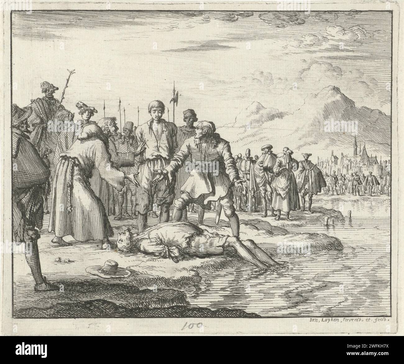 Hendrik Sumer ertrank in Baden, 1582, Jan Luyken, 1685 Druck Amsterdam Papier ätzend Verfolgung von Ketzern. Gewalttätiger Tod  Wasser Baden (Schweiz) Stockfoto