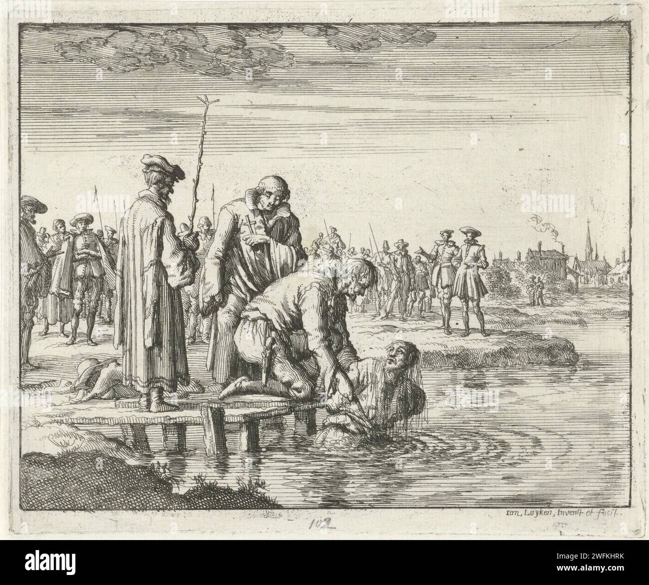Mattheus Mair in Wier ertrunken, 1592, Jan Luyken, 1685 Druck Amsterdam Papier ätzend Verfolgung von Ketzern. Gewalttätiger Tod  Wasser WAHR Stockfoto