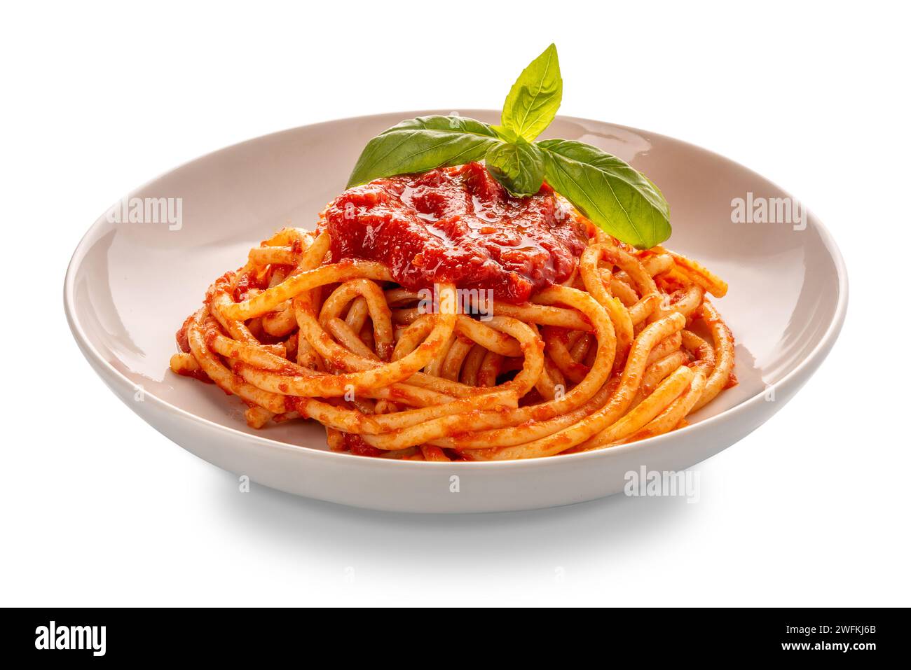 Bucatini-Pasta mit Tomatensauce und Basilikumblättern in weißer Platte isoliert mit Schnittpfad im Lieferumfang enthalten Stockfoto
