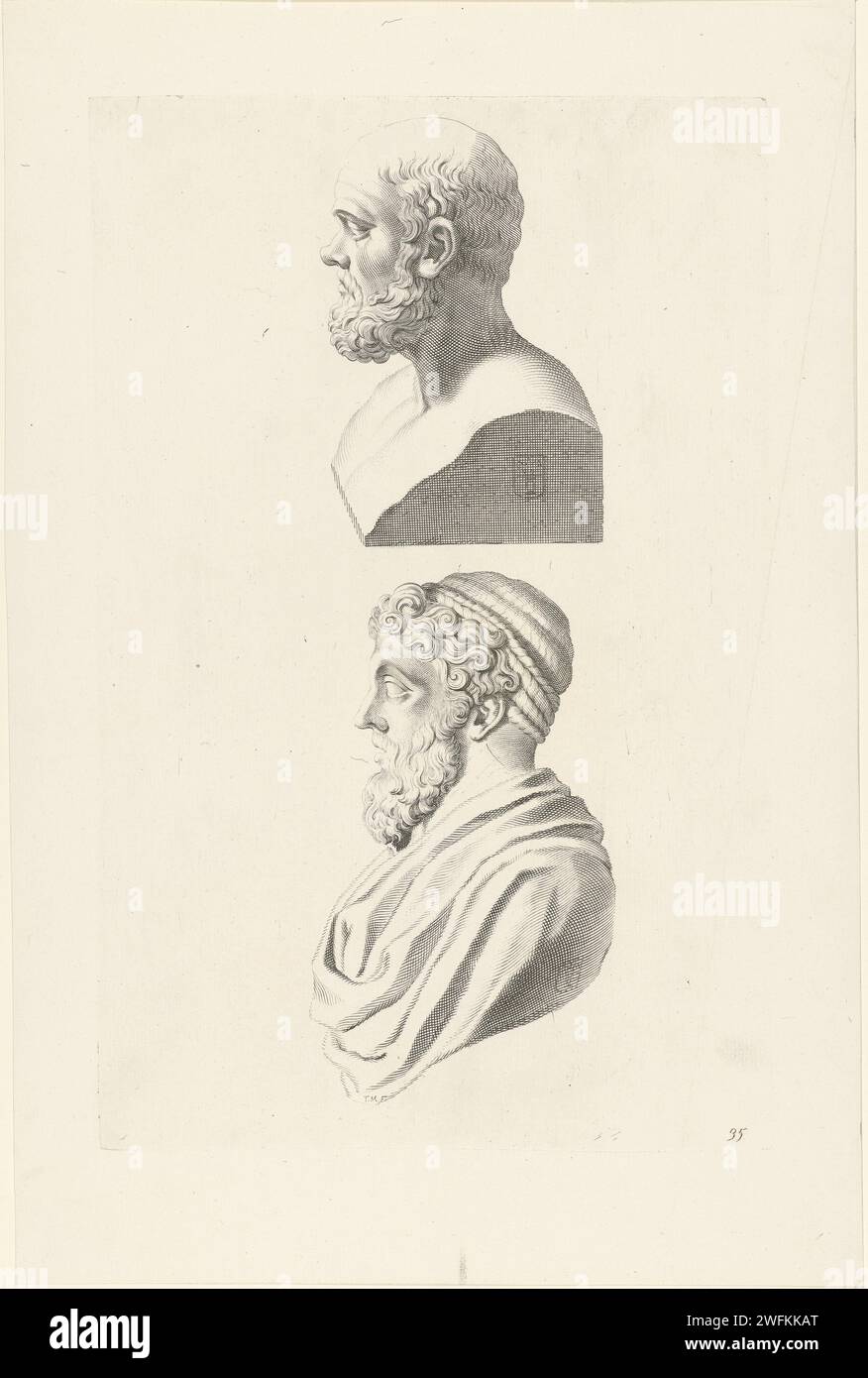Bustes van Plato in Sokrates, Theodor Matham, 1640 drucken zwei Büsten von Römern. Oberhalb der Büste des Philosophen Platon und unterhalb des Philosophen Sokrates. Auf beiden Büsten das Wappen von Vincenzo Giustiniani. Druck aus einer Publikation mit Reproduktionsdrucken zu den Skulpturen der Sammlung in der Galleria Giustiniani in Rom. Papiergravurstück einer Skulptur, Reproduktion eines Skulpturenstücks Stockfoto