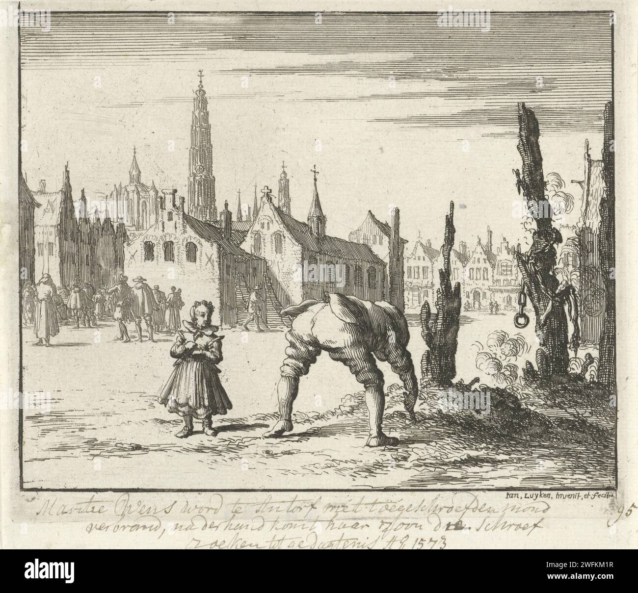 Sohn des Mayken Wens verbrannte in Antwerpen auf der Suche nach der Mundschraube, die seine Mutter, 1573, Jan Luyken, 1685 Druck Amsterdam Papier Radiking Verfolgung von Ketzern. Gewalttätiger Tod durch Verbrennung auf dem Scheiterhaufen Antwerpen Stockfoto