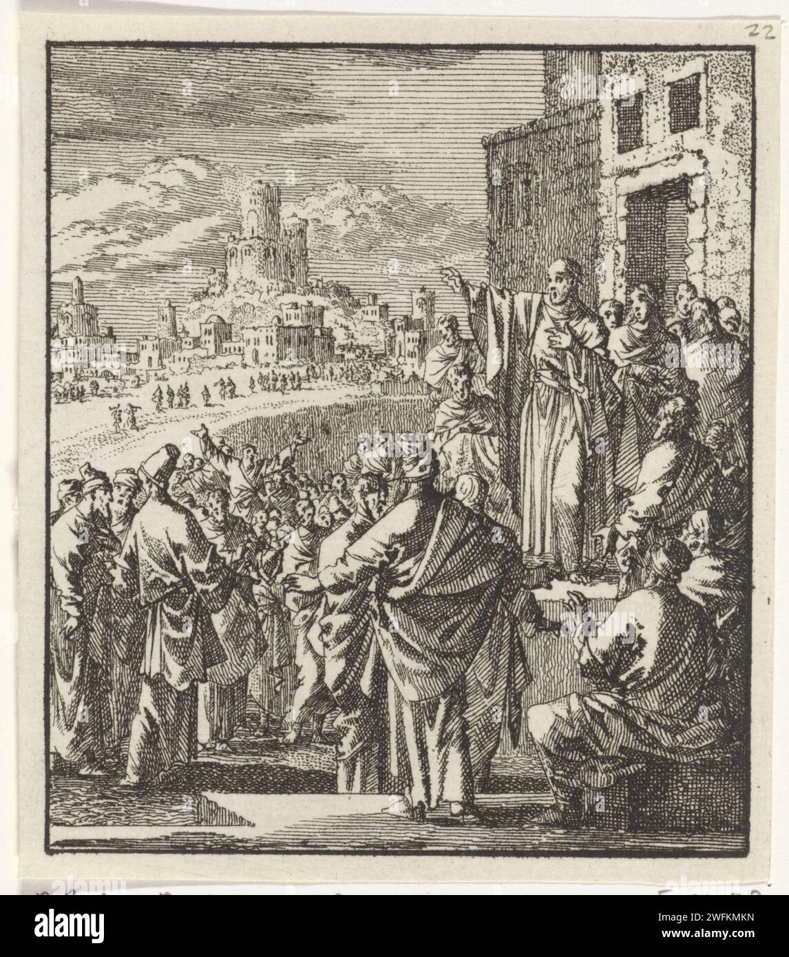 Petrus predigt auf dem Bürgersteig eines Heims, Jan Luyken, 1706 Druck Amsterdam Papier ätzend Leben und Akte von Peter. Predigen (allgemein) Stockfoto