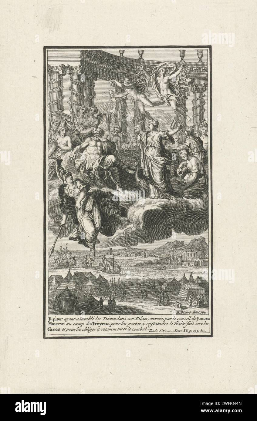 Götter treffen sich über den Trojanischen Krieg, Bernard Picart (Werkstatt oder), nach Bernard Picart, 1710 Druck Jupiter ruft alle Götter auf, sich über den Trojanischen Krieg zu treffen. Minerva darf auf der Seite der Trojaner kämpfen. Am Rand eine Beschriftung auf Französisch. Amsterdamer Papiergravur erste Schlacht der Griechen und Trojaner; Heldentaten von Diomedes (Ilias IV-V). Versammlungen der Götter in der Luft, vielleicht auf den Wolken Stockfoto