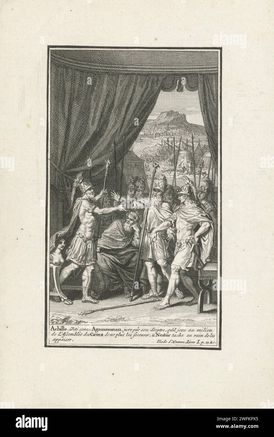 Twist tussen Achilles en Agamemnon, Bernard Picart (Werkstatt), nach Bernard Picart, 1710 Druck Achilles wirft König Agamemnon der Gier vor. Der König behauptet dann Brisei, eine Sklavin, die Achilles liebte. Der Weise nestor vermittelt im Konflikt. Im Hintergrund lässt Apollo die Pest im griechischen Lager absterben. Am Rand eine Beschriftung auf Französisch. Amsterdamer Papiergravur / Gravur des Streits über Briseis (Ilias I). Apollo schickt eine Pest ins griechische Lager. Sklaverei; Leibeigene und Versklavte. Sklavenhalter  versklavte Person Stockfoto