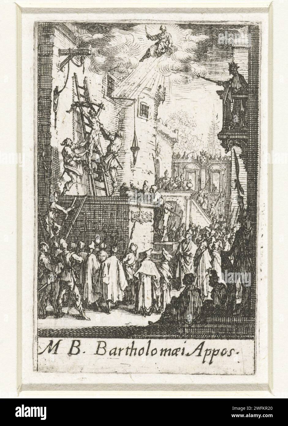 Das Martyrium von Bartholomeus, Jacques Callot, 1632–1634 Druck Bartholomeüs ist, durch eine Leiter gebunden, auf einer Bühne für eine Gruppe von Zuschauern gehäutet. Über dieser Szene wird Bartholomeus wieder dargestellt, auf einer Wolke im Himmel, ein Messer in der Hand. Unter der Aufführung eine Unterschrift in lateinischer Sprache. Dieser Druck ist Teil einer Serie von 16 Drucken, bestehend aus einer Titelseite und 15 Aufführungen der Folter, die die Apostel erlitten haben. Nancy-Papier, das Bartholomew ätzt, hat lebendig gefräst. Der Apostel Bartholomäus; mögliche Attribute: Buch, Teufel oder Drache zu Füßen, Messer, Rolle, geschliffene Haut, Stab - Märtyrertod, Leiden, Stockfoto