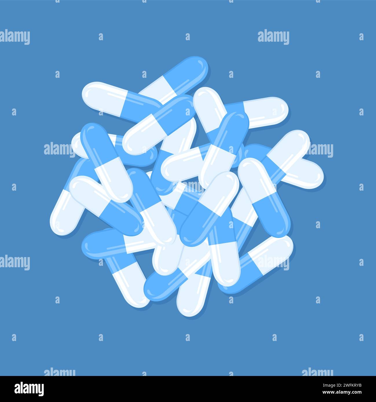 Stapel weißer und blauer Kapseln auf blauem Hintergrund, Draufsicht. Illustration des flachen Vektors Stock Vektor