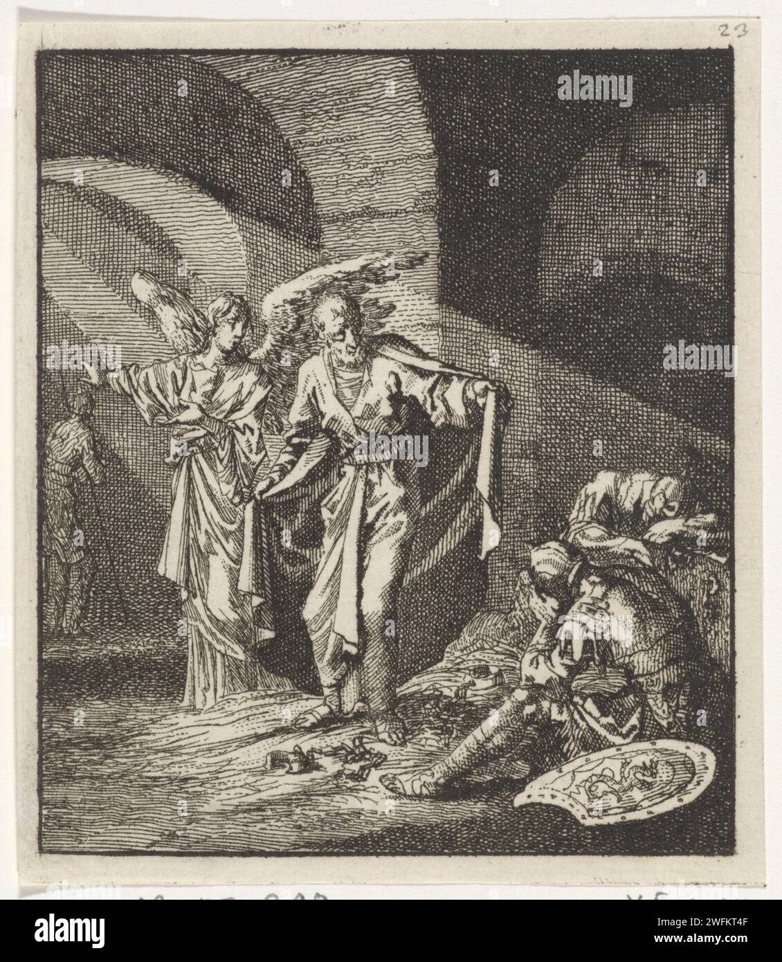 Peter vom Engel befreit, Jan Luyken, 1706 Druck Amsterdam Papier ätzend Gefängnis, Gefängnis. Der Engel führt Peter an den Schlafwächtern vorbei Stockfoto