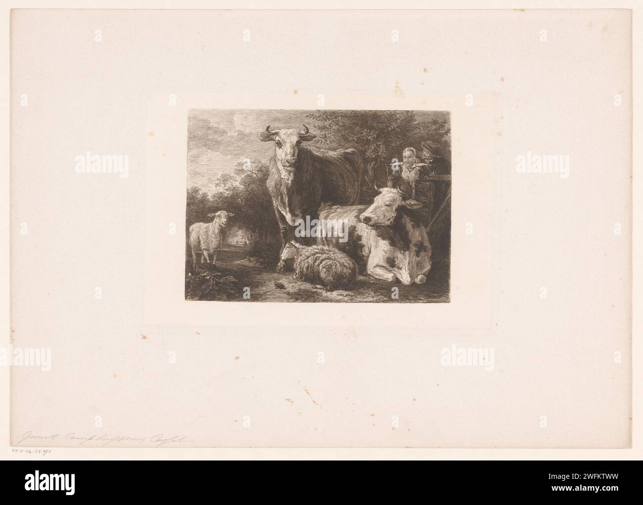Herder und Herderin mit Vieh, William Unger, nach Govert Dircksz. Camphuysen, 1847 - 1932 Druckpapier in Deutschland. Ätzhüte, Hirte, Hirtin, Hirte, Hirtin, Hirtin, Kuhhirte usw. Rinder. Schafe. Gabel Stockfoto
