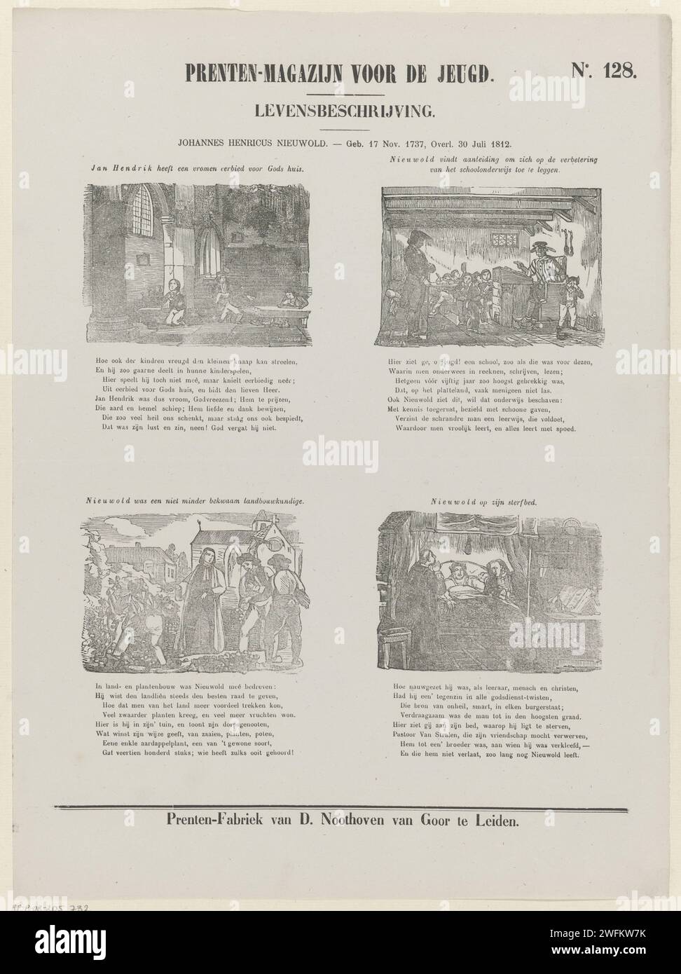 Johannes Henricus Nieuwold. - B. 17. November 1737, dez. 30. Juli 1812, 1850 – 1881 Blatt mit 4 Aufführungen aus dem Leben von Johannes Henricus Nieuwold. Über jedem Bild ein Titel, unter jedem Bild eine achtzeilige Strophe. Rechts oben nummeriert: Nr. 128. Verlag: Leidenprint Hersteller: Niederlande Papier Buchdruck historische Personen Stockfoto