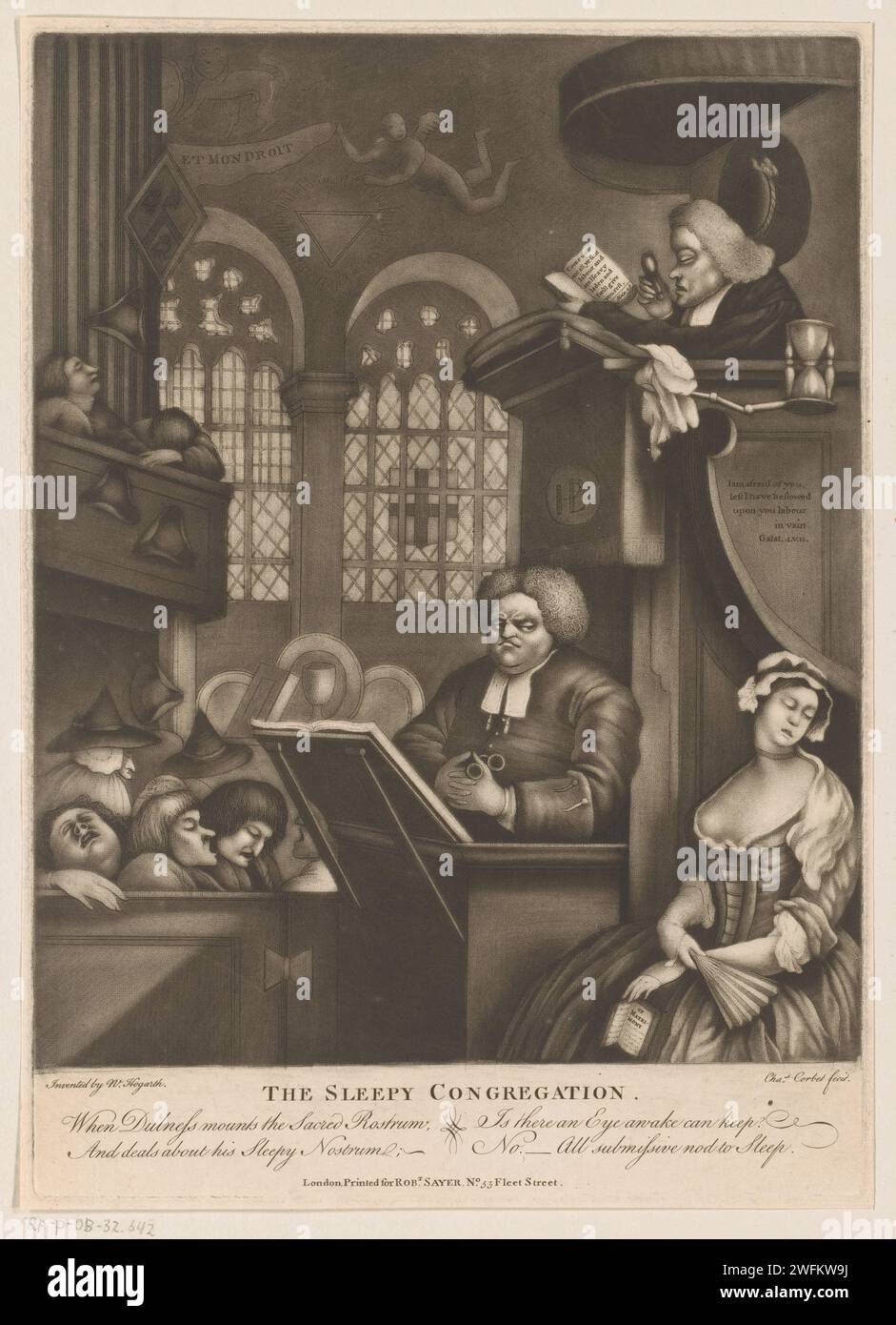 Slapende parochie, Richard Purcell, nach William Hogarth, 1745–1794 Druck Text in englischer Sprache am unteren Rand. Londoner Papierätzung schlafend; Bewusstlosigkeit. Die Gemeinde Stockfoto