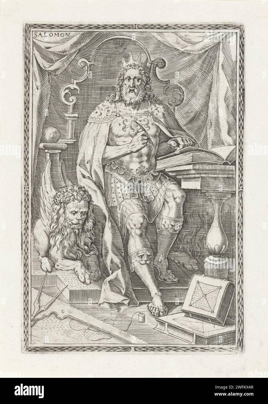 König Salomon, Johann Sadeler (I), nach Chrispijn van den Broeck, 1575 drucken König Salomon auf seinem Thron. Er schreibt in einem Buch. Der dreiundzwanzigste Druck einer 39-teiligen Serie mit dem Thema Menschen aus dem Alten Testament. Antwerpener Papiergravur männlicher Personen aus dem Alten Testament (mit NAMEN) (nicht im biblischen Kontext) Stockfoto