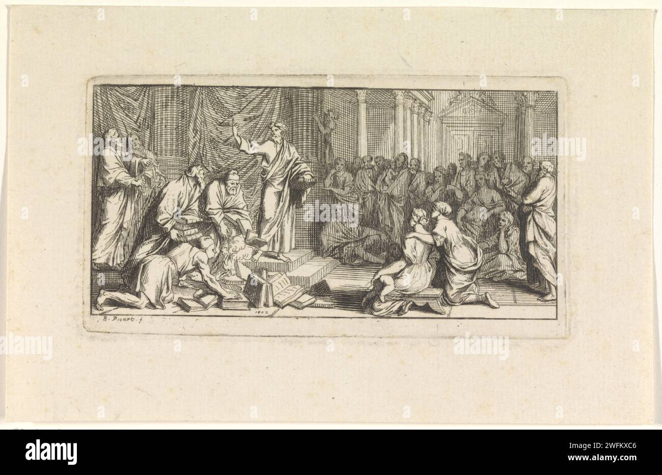 Die Epheser verbrennen ihre Bücher in der Öffentlichkeit, Bernard Picart, 1702 Druck Paris Papier Radieren / Gravieren die Epheser verbrennen die Bücher der Exorzisten in der Öffentlichkeit Stockfoto