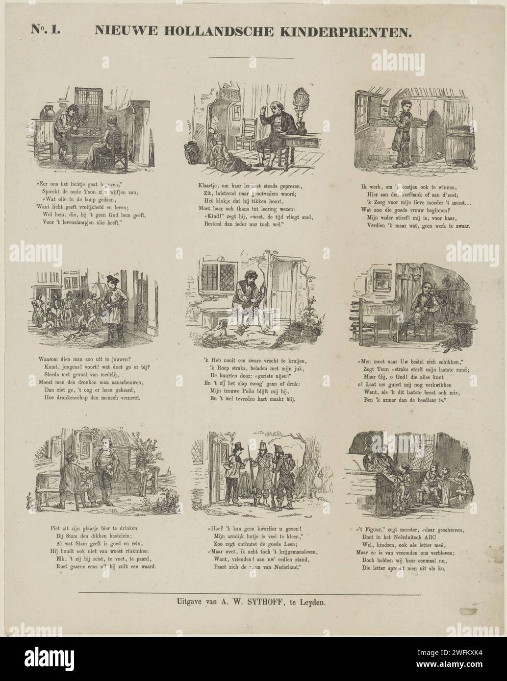 Vor uns geht das Licht [(...)], 1861 - 1929 Print Blatt mit 9 Aufführungen verschiedener Art, wie Aufführungen von Werktätigen und Kindern in der Schule. Eine vierzeilige Strophe unter jeder Show. Oben links nummeriert: Nr. 1. Verlag: Leidenprint Maker: Europe Paper Letterpress Printing Human Types. Zeichen (menschliche Typen). Bildung, Wissenschaft und Lernen. Der Soldat, das Leben des Soldaten Stockfoto