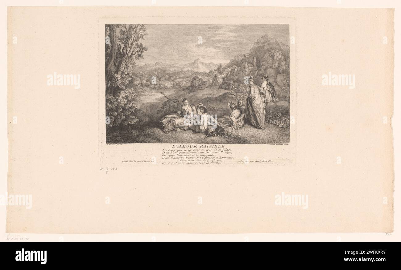 Landschaft mit Galanten Firma, Jacques de Favanne, nach Jean Antoine Watteau, 1726 - 1770 Druckerei: Francepublisher: Paris Papiergravur Garten der Liebe, Hof der Liebe, 'Galante Fan' Stockfoto