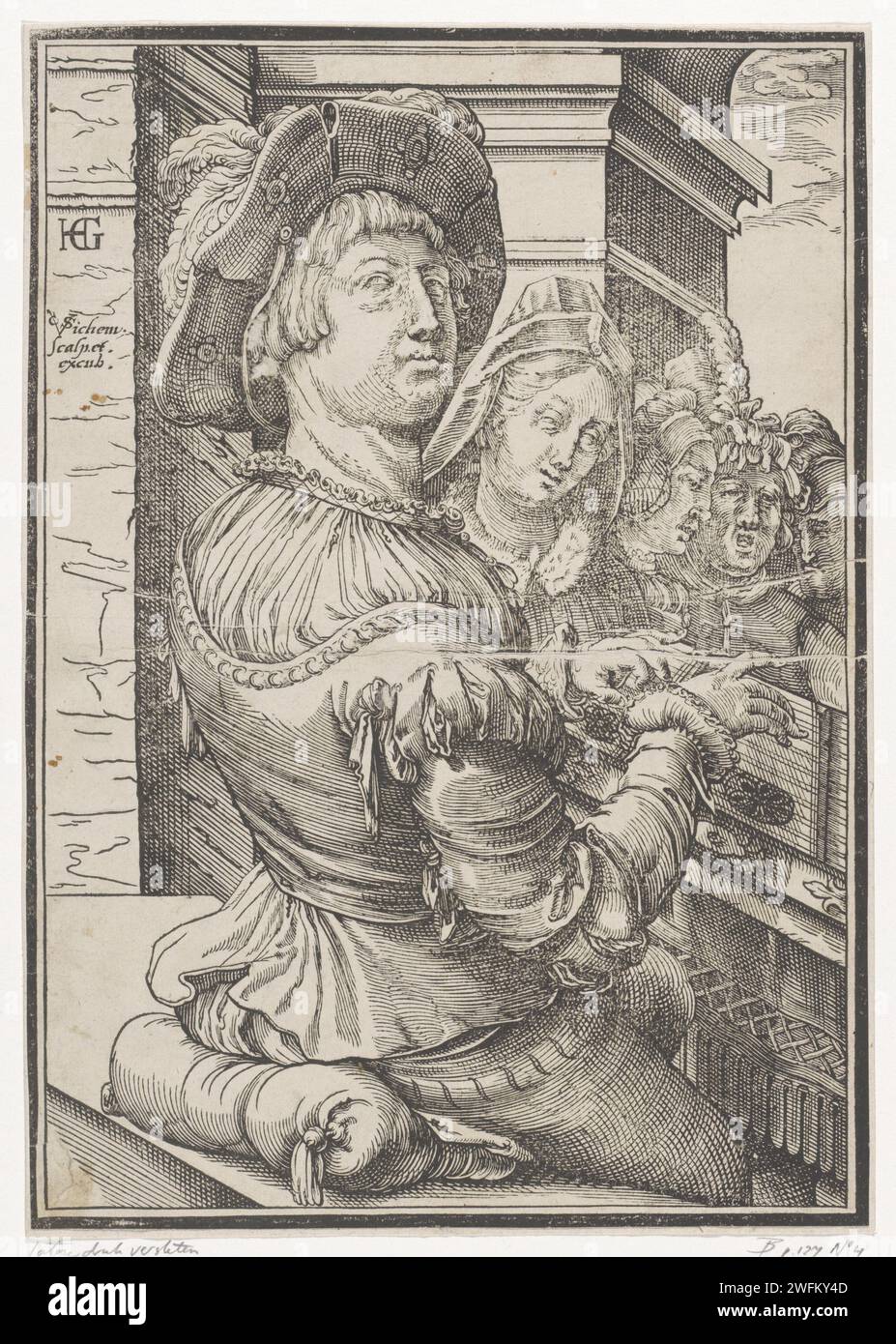 Citer - junger Mann mit vier singenden Figuren, Christoffel van SiChem (I), nach Hendrick Goltzius, 1546 - 1624 Druck Amsterdam Papier Hackbrett, Zither. Musiker, die Sänger begleiten. Weibliche Sängerin. Männlicher Sänger Stockfoto