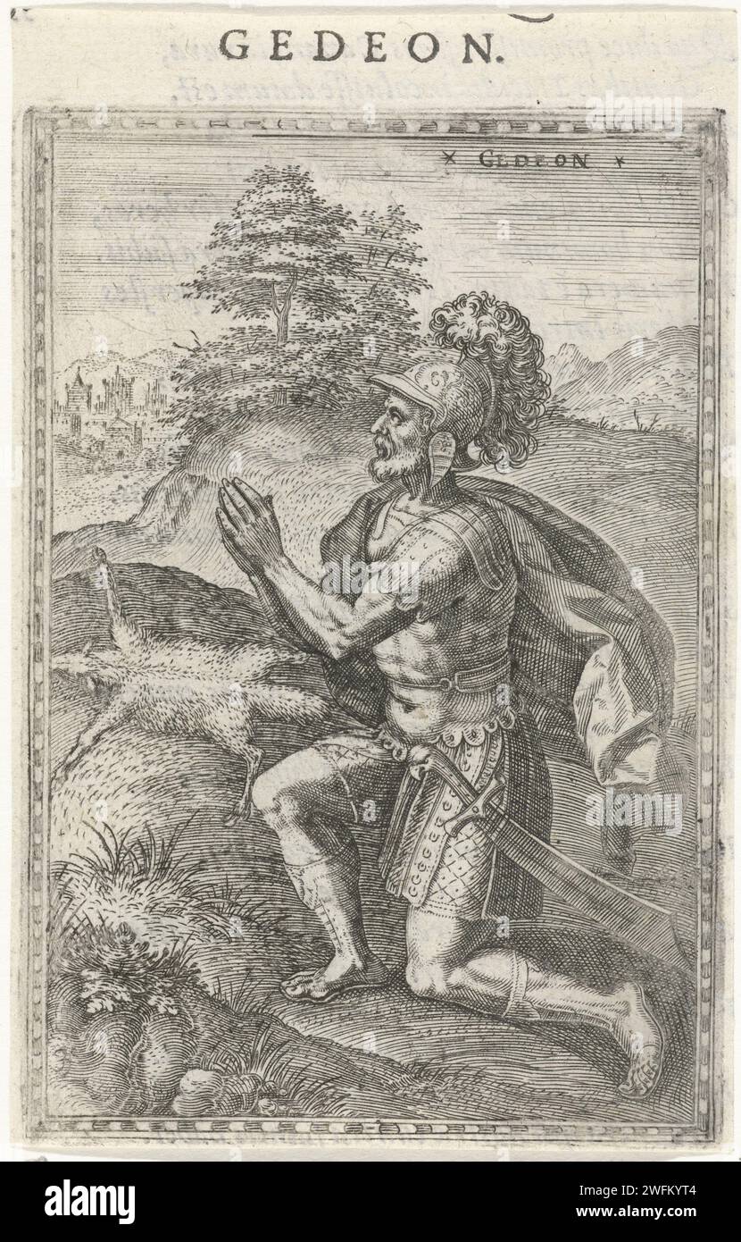 Gideon, Johann Sadeler (I), nach Chrispijn van den Broeck, 1577 Druck Gideon, der fünfte Richter von Israel. Er kniet im Gebet. Im Hintergrund ein Lammfell auf dem Boden. Antwerpener Papierstich / Buchdruck Gideon (nicht im biblischen Kontext); mögliche Attribute: Schüssel (voll Tau), gebrochener Krug, Helm und Rüstung, Fleece. Der Tau liegt nur auf dem Vlies, der Boden ist trocken (erstes Zeichen an Gideon) Stockfoto Gideon, Johann Sadeler (I), nach Chrispijn van den Broeck, 1577 Druck Gideon, der fünfte Richter von Israel. Er kniet im Gebet. Im Hintergrund ein Lammfell auf dem Boden. Antwerpener Papierstich / Buchdruck Gideon (nicht im biblischen Kontext); mögliche Attribute: Schüssel (voll Tau), gebrochener Krug, Helm und Rüstung, Fleece. Der Tau liegt nur auf dem Vlies, der Boden ist trocken (erstes Zeichen an Gideon) Stockfoto