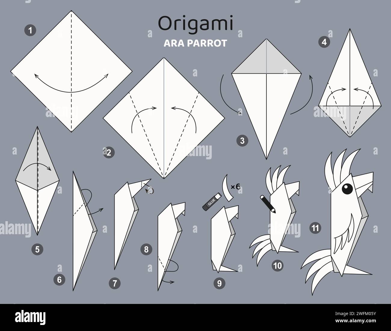 Origami-Tutorial für Kinder. Origami süßer Papagei. Stock Vektor