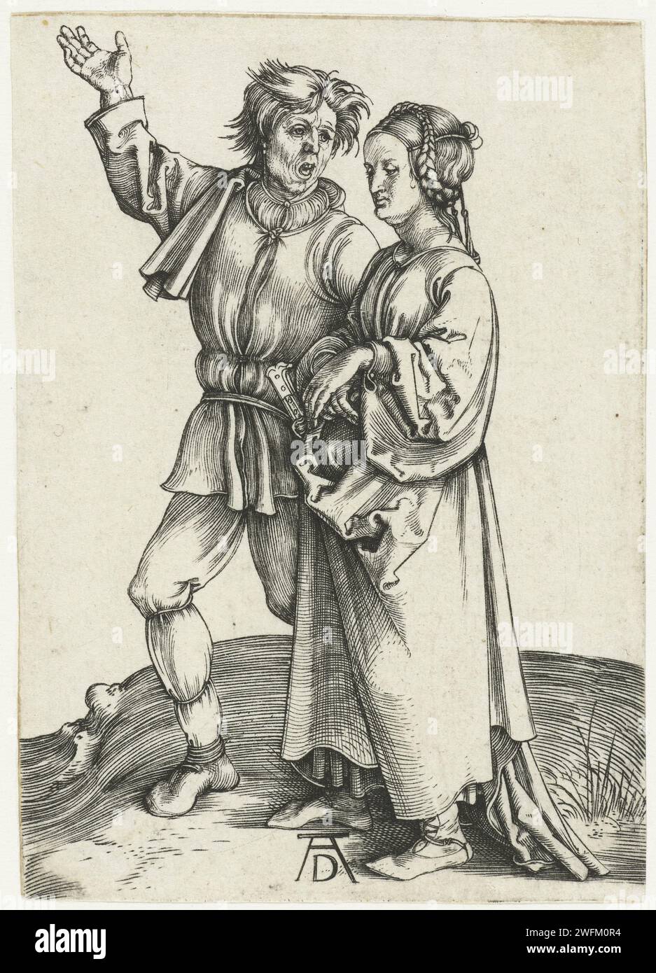 Het Boerenpaar, Albrecht Dürer, 1495–1499 drucken Eine Frau mit den Haaren in Zöpfen um den Kopf neben einem wild stikulierenden Mann mit Spitzhaaren. Nürnberger Papiergravurbauern Stockfoto