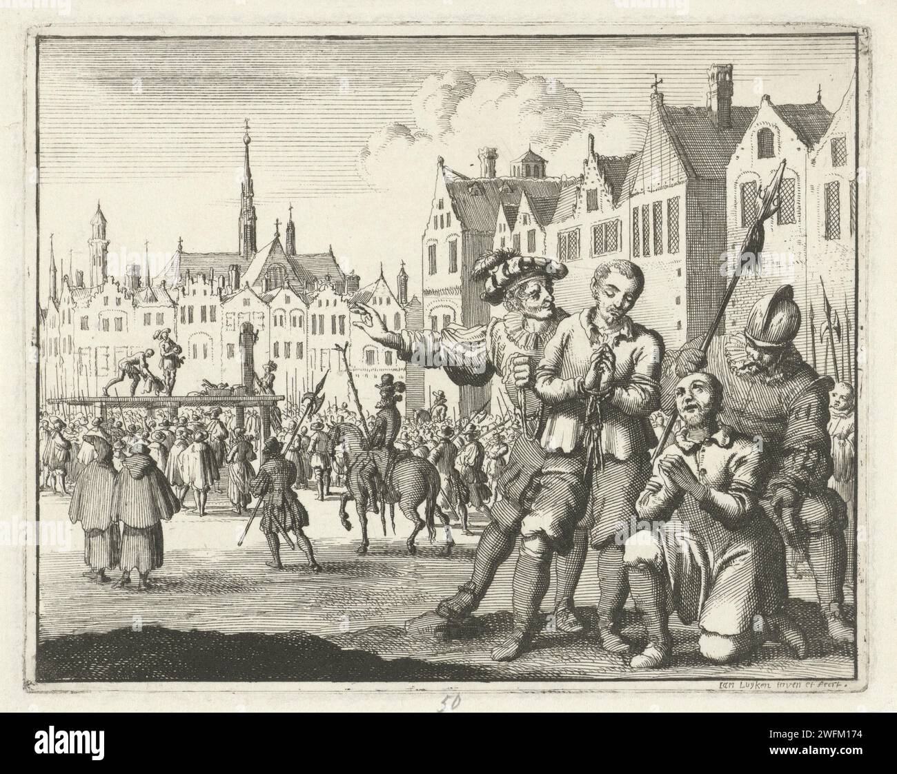 Hans Koch und Leonhard Meister auf dem Weg zum Gerüst, 1524, Jan Luyken, 1685 drucken Amsterdamer Papierätzung auf das Gerüst oder den Hinrichtungsort. Eine Person betet. (Person, die zum Tode verurteilt ist) auf dem Weg zum Gerüst oder zum Ort der Hinrichtung. Hinrichtung von Ketzer, z.B. durch Verbrennen auf dem Scheiterhaufen, "Auto-da-fé" Augsburg Stockfoto