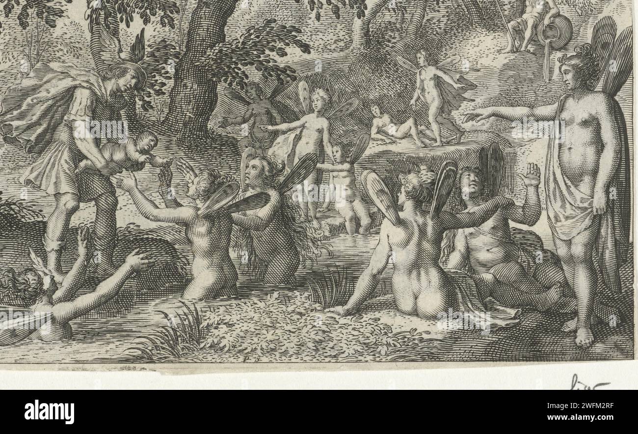 Quecksilber gibt Bacchus an die Nymphen von Nysa, Pieter Serwouters, nach David Vinckboons, 1616 Druck Quecksilber vertraut das Baby Bacchus den Nymphen auf dem Berg Nysa an. Der Papierstich Quecksilber übergibt das Baby Bacchus den Nymphen von Nysa Stockfoto