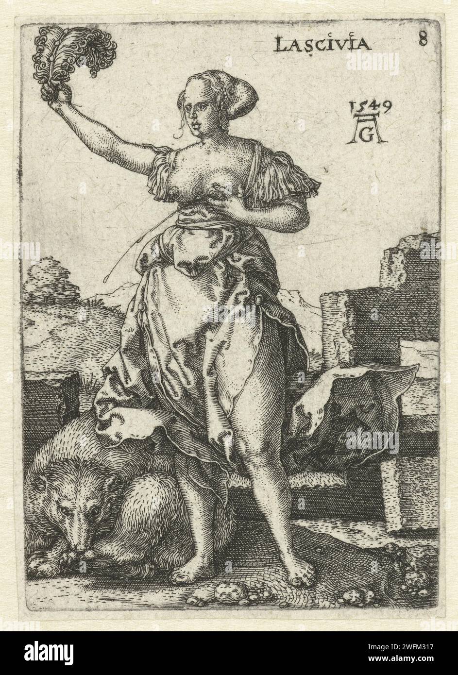 Loseliness, Heinrich Alentfver, nach Cornelis Anthonisz., 1549 gedruckte Personifikation von Dissolute (Lascivia). Eine Frau, in der rechten Hand hält sie eine Feder hoch, mit der linken Hand spritzt sie Milch aus der Brust, ein Bär sitzt auf ihr. Achter Druck aus einer Serie von 14 mit Personifizierungen von Tugenden und Laster. Deutschland Papiergravur Züchtigung, Lasziviabilität; „Lascivia“, „Licenza“ (Ripa) (+ abstraktes Konzept, dargestellt durch weibliche Figur) Stockfoto