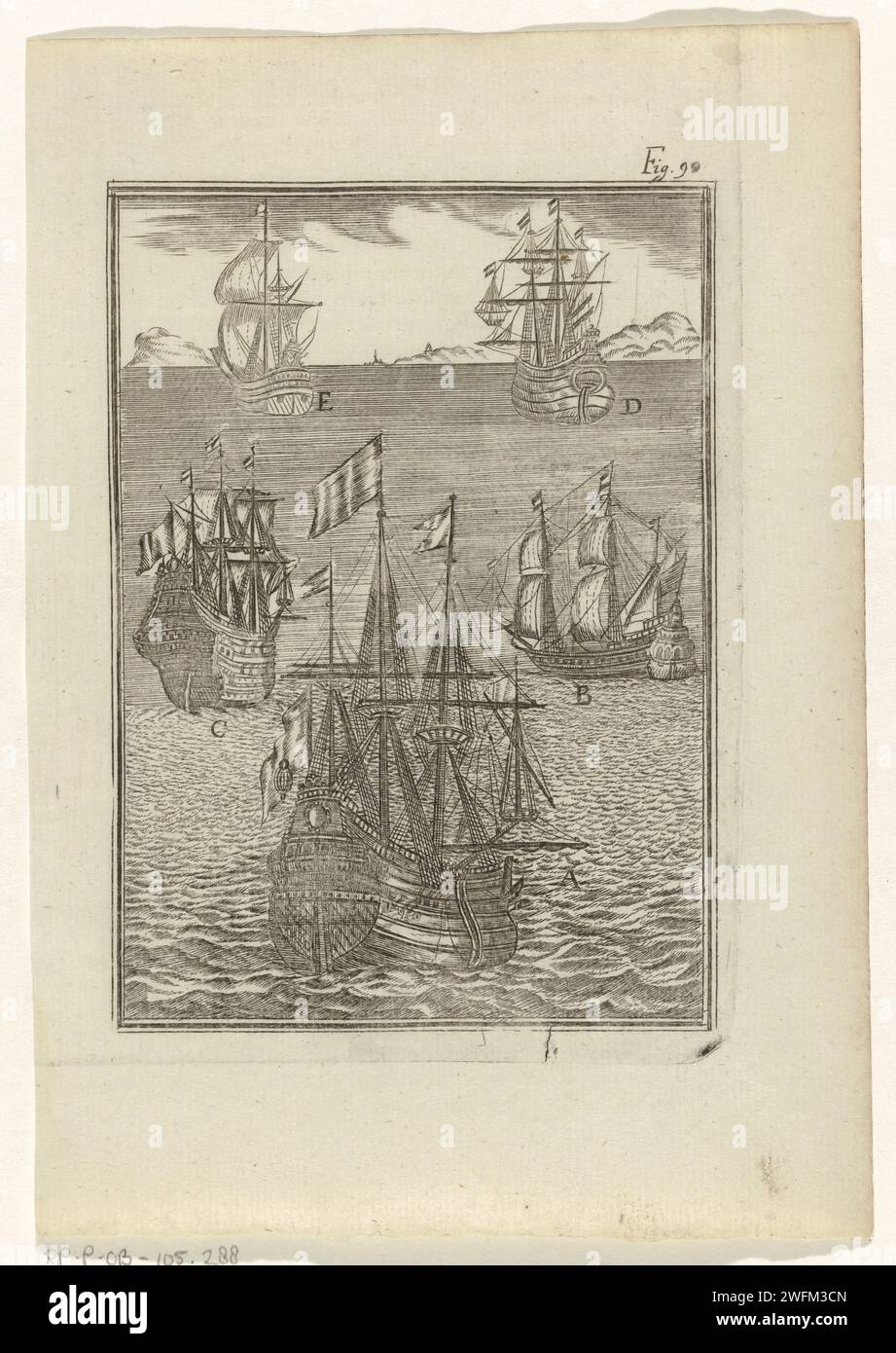 Fünf Segelschiffe, Anonym, 1719 drucken fünf Segelschiffe auf See, die von A bis E. oben rechts: Abb. 90. Frankfurt am Main Papierätzung Segelschiff, Segelboot Stockfoto