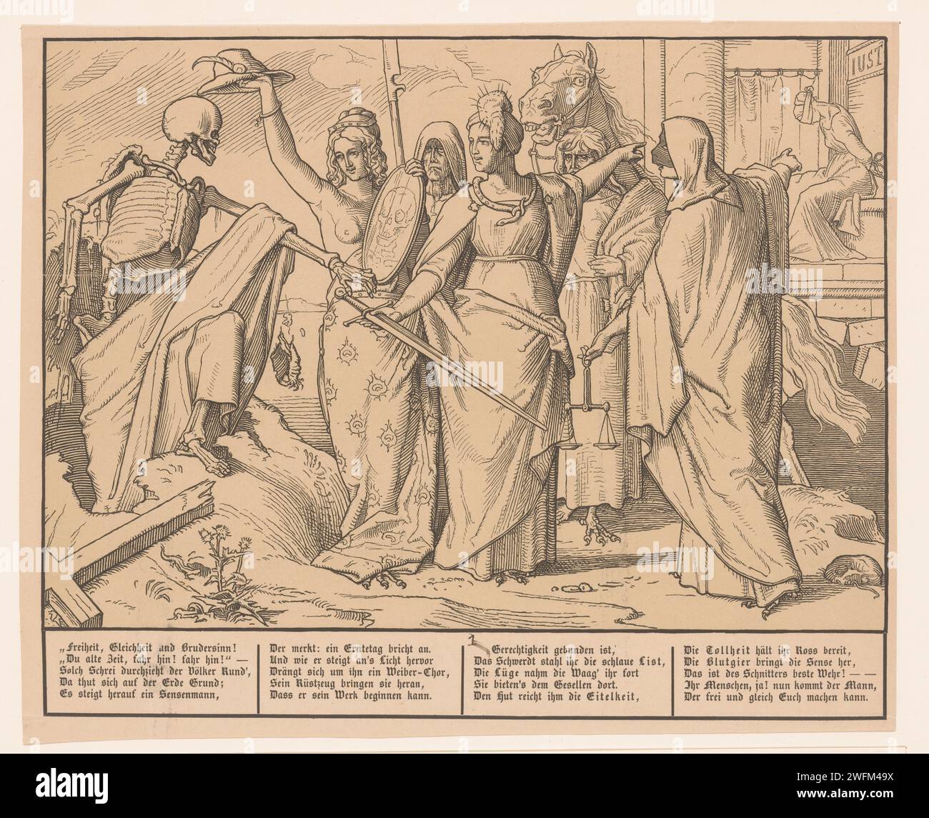 Der Tod erhebt sich aus dem Grab, F. Berger, Alfred Rethel, 1848–1849 Druckschrift Allegorie der Revolution in den deutschen Ländern von 1848: Ein Totentanz aus dem Jahre 1848, Volks Ausgabe von Augustus. Papiertanz des Todes; Tod zusammen mit einem oder mehreren Menschen. Revolution, Revolte Stockfoto