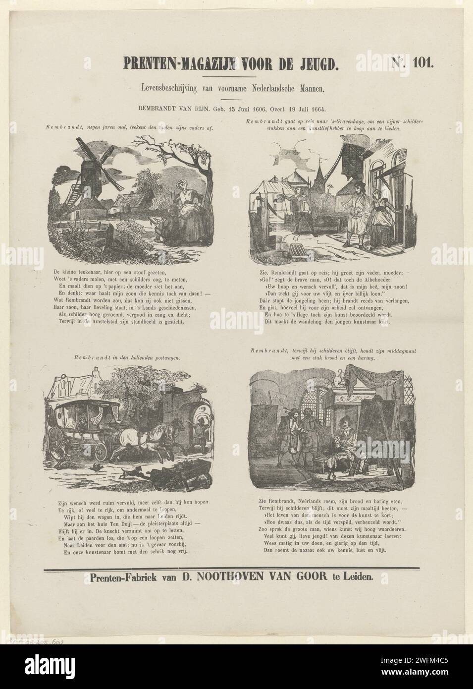 Rembrandt van Rijn. - Geb. 15. Juni 1606, dez. 19. Juli 1664, 1850 - 1881 Print Leaf mit 4 Aufführungen aus dem Leben von Rembrandt Harmensz. Van Rijn. Ein Titel über jeder Aufführung und ein achtzeiliger Vers darunter. Rechts oben nummeriert: Nr. 101. Verlag: Leidenprint Hersteller: Niederlande Papier Buchdruck Geschichte. Maler bei der Arbeit, in seinem Atelier Stockfoto