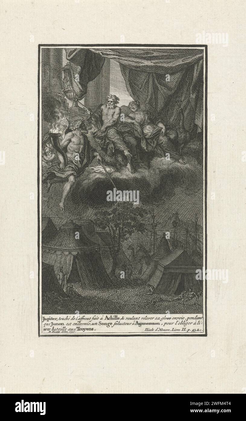 De Droom van Agamemnon, Bernard Picart (Werkstatt), nach Bernard Picart, 1710 Druck Jupiter verführt Agamemnon, den Kommandeur der griechischen Truppen, in einem Traum, die Trojanen erneut zu bekämpfen. Am Rand eine Beschriftung auf Französisch. Amsterdamer Papier graviert den Traum von Agamemnon: Morpheus in Form von Nestor drängt ihn zum Angriff (+ Variante) Stockfoto