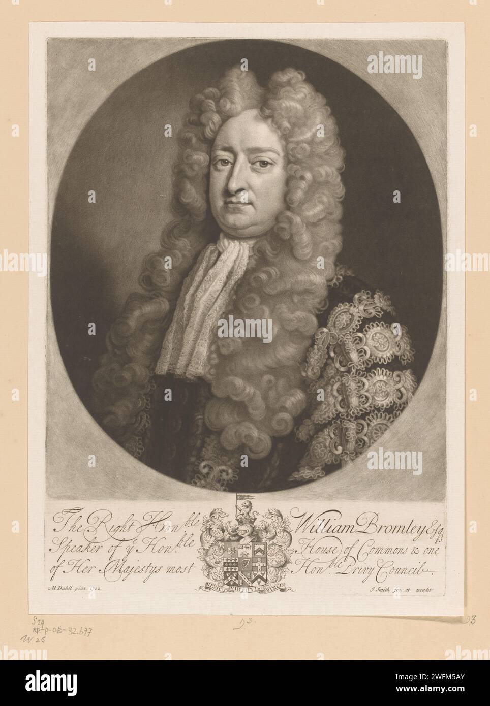 Porträt von William Bromley, John Smith (Druckerei/ Verlag), nach Michael Dahl, 1712–1742 Druck Text in englischer Sprache am unteren Rand. Papierhistorische Personen. Politiker, z. B. Parteiführer Stockfoto