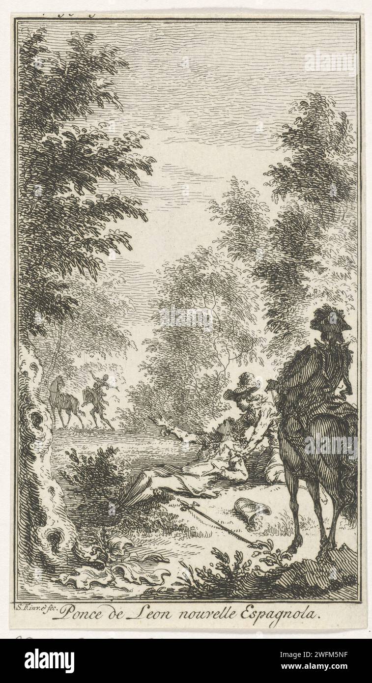 Raubüberfälle von Fahrern gefunden, Simon Fokke, 1722–1784 drucken Ein Mann liegt mit zusammengebundenen Beinen auf dem Boden und wird von zwei Fahrern unterstützt. Der Raubüberfall zeigt auf einen Reiter, der von einer Figur seines Pferdes in die Ferne gezogen wird. Amsterdam Papierätzer Reisende von Räubern angegriffen Stockfoto