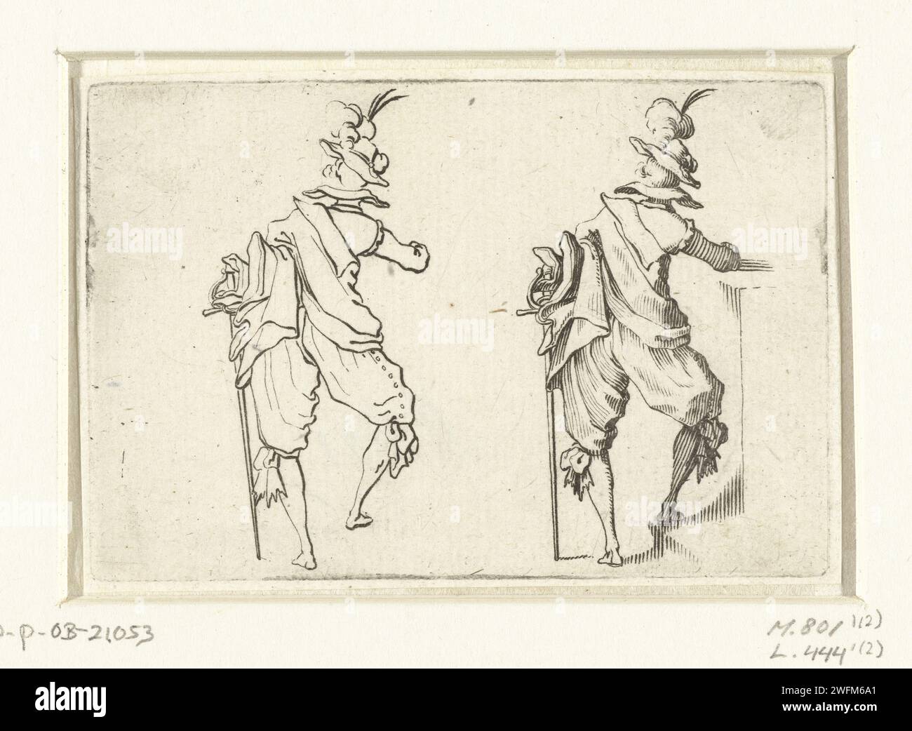 Zweimal derselbe Mann mit Mantel und Schwert, an einer Wand gelehnt, auf der Rückseite gesehen, Jacques Callot, 1621 Einen Gentleman mit Hut auf der linken Schulter und einem Mantel über der linken Schulter, ein Schwert in der linken Hand, mit der rechten Hand und dem Fuß auf der Wand, auf der Rückseite gesehen, zweimal dargestellt: links als Linienfigur, rechts mit Schattenpartys. Dieser Druck ist Teil einer Serie von 48 Drucken (50 inkl. Titelseite und Dickblatt) mit verschiedenen Themen (darunter Männer und Frauen in verschiedenen Haltungen, Landschaften, Gebäude und Feste in Florenz). Diese Ausdrucke könnten als Zeichenbeispiele gedacht sein. Na Stockfoto