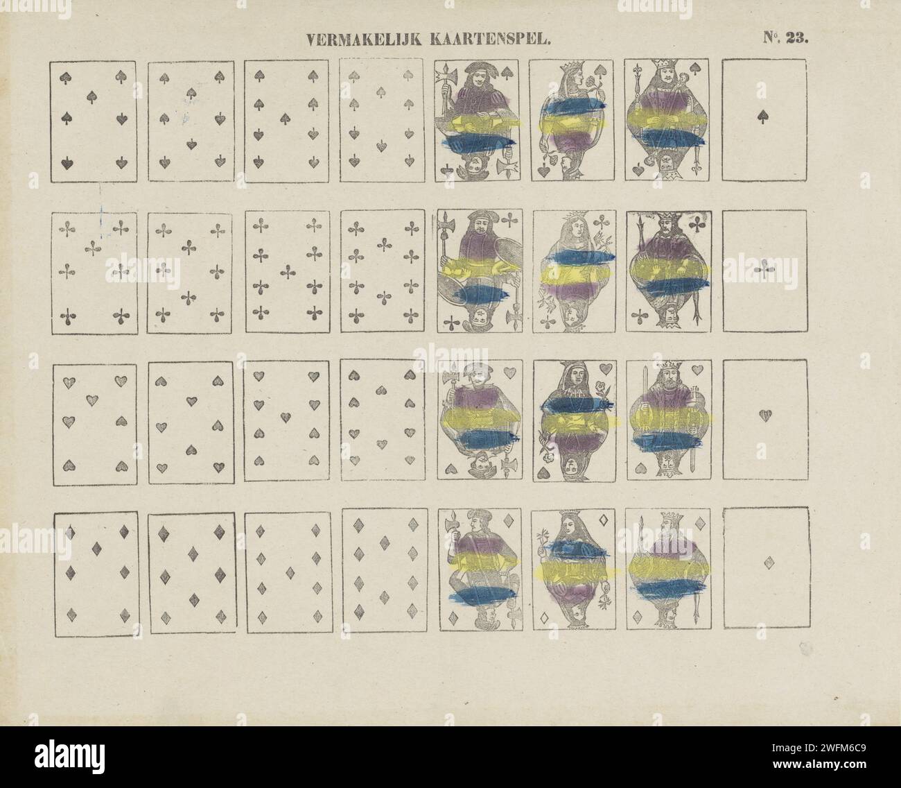 Unterhaltsames Kartenspiel, 1850 - 1870 Druck. Kartenspiel Blatt mit 32 Spielkarten zum Ausschneiden. Rechts oben nummeriert: Nr. 23. Verlag: Amsterdampublisher: Amsterdamprint Maker: Niederlande Papier Buchdruck Spielkarten Stockfoto