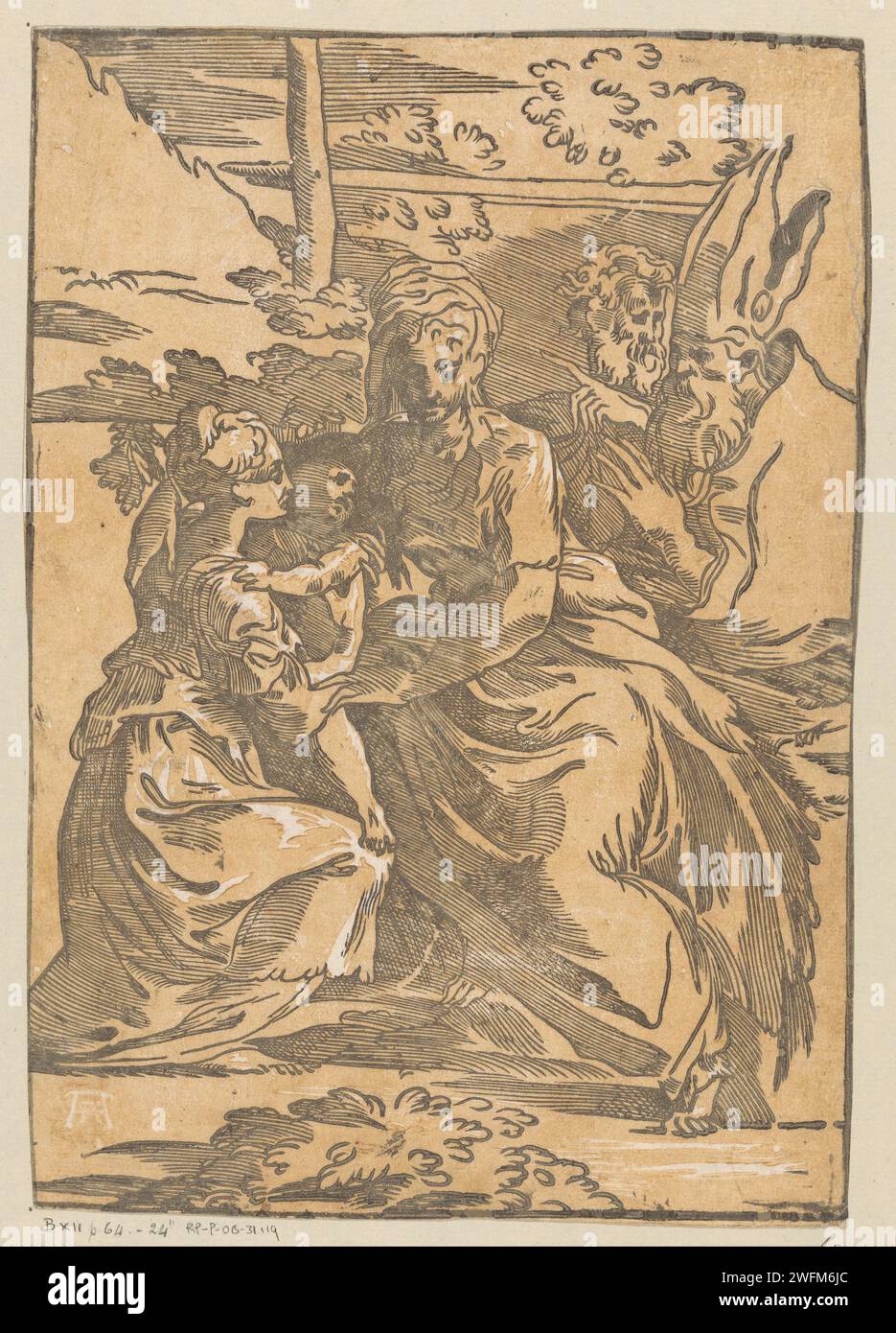 Die Heilige Frau empfängt das Christuskind Antonio da Trento (möglich), nach Parmigianino, 1568–1629 drucken Eine heilige, möglicherweise Francesca Romana, kniet nieder und empfängt das Christuskind von Maria. Rechts zwei männliche Heilige, einer mit einem Bischopsmijter. Italienpapier Madonna: Maria mit dem Christkind. erzbischof, Bischof usw. (Römisch-Katholisch). Die Jungfrau Maria, die das Kind Christus dem Heiligen schenkt Frances von Rom Stockfoto