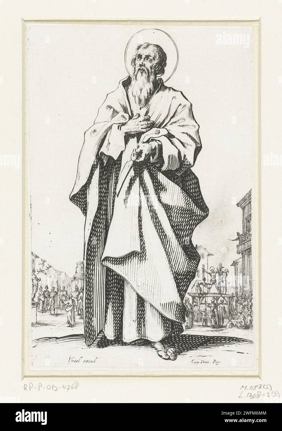 Apostel Bartholomeüs, Jacques Callot, 1631 Druck Bartholomeus, zurück, ein Messer in der Hand. Im Hintergrund links sieht man, wie er wütende Geister drückt; im Hintergrund rechts sieht man, wie er gehäutet wird. Dieser Druck ist Teil einer Serie von 16 Drucken, bestehend aus einer Titelseite und 15 Porträts, die Christus, Maria und die Apostel darstellen. Druckerei: NancyVerlag: Paris Papier, das den Apostel Bartholomäus ätzt; mögliche Attribute: Buch, Teufel oder Drache zu Füßen, Messer, Rolle, abgeflachte Haut, Stab. Bartholomew wirft einen Dämon aus einer Frau. Bartholomew hat lebendig gefiegelt Stockfoto