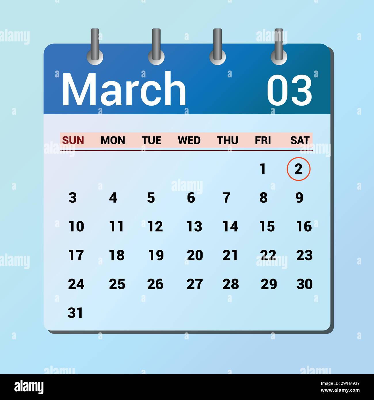 März 02. Kalender mit flachen Symbolen auf blauem Hintergrund isoliert. Vektorillustration für Datum und Monat Stock Vektor