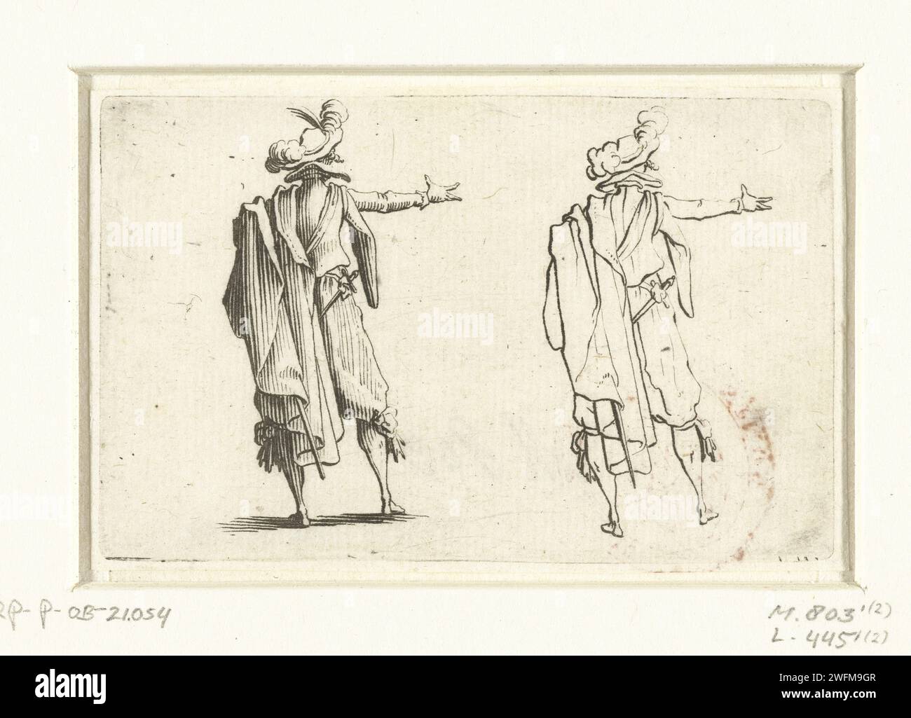 Zweimal derselbe Mann mit Mantel und Schwert, der rechte Arm umrissen, auf dem Rücken gesehen, Jacques Callot, 1621 drucken Ein Gentleman mit Hut auf der linken Schulter und einem Mantel über der linken Schulter, ein Schwert in der linken Hand, der rechte Arm ausgestreckt, auf dem Rücken gesehen, zweimal dargestellt: rechts wie eine Linienfigur, links mehr links mit Schatten. Dieser Druck ist Teil einer Serie von 48 Drucken (50 inkl. Titelseite und Dickblatt) mit verschiedenen Themen (darunter Männer und Frauen in verschiedenen Haltungen, Landschaften, Gebäude und Feste in Florenz). Diese Ausdrucke könnten als Zeichenbeispiele gedacht sein. Nancy-Papier-Ätzkopf-Ausrüstung: Ha Stockfoto