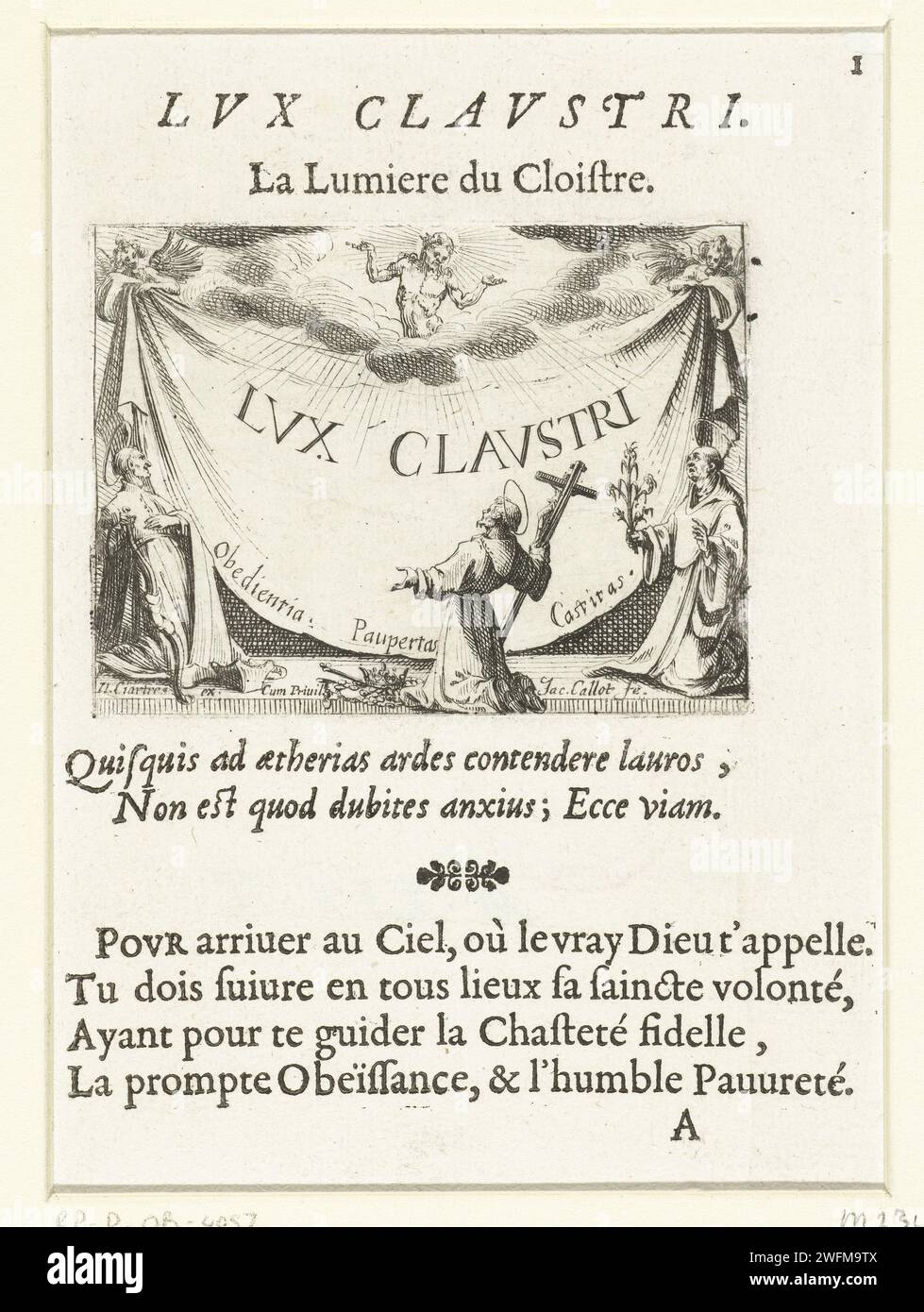 Illustrierte Titelseite für die Emblemserie „Kloosterleven in Emblemen“, Jacques Callot, 1646 drucken Ein heiliger mit einem Bogen (Sebastiaan?), Ein heiliger mit einem Kruzifix (Franz von Assisi?) Und ein heiliger mit einer blühenden Lilie kniend für ein Tuch, gehalten von zwei Engeln, erscheint in den Wolken. Darüber und unter diesem Druck werden lateinische und französische Texte im Buchdruck gedruckt. Diese Zeitschrift ist die illustrierte Titelseite der Emblem-Serie „Kloosterleven in Emblemen“. Neben einer illustrierten Titelseite und 26 Emblemen ist der zweite Zustand dieser Serie eine Titelseite und eine Zeitschrift mit Zuordnung, beide in Stockfoto