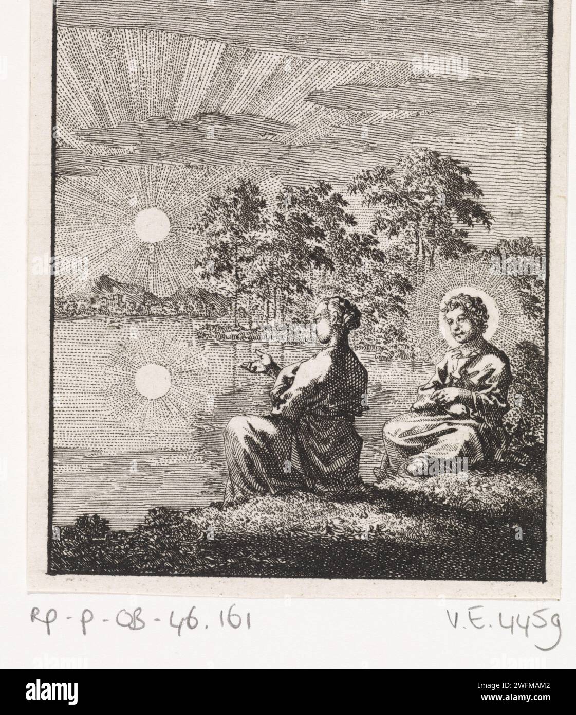 Christ and the personified Soul Watch the Sun, Jan Luyken, Amsterdamer Druck, 1714 Gravur Christ and the Soul. Sonne als Himmelskörper Stockfoto