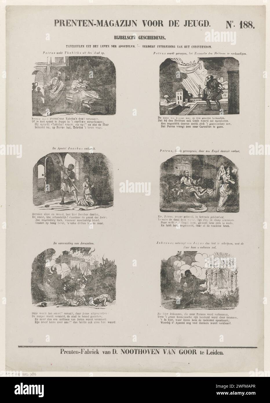 Tafreelen aus dem Leben der Apostel. - Weitere Erweiterung des Christentums, 1850 - 1881 Print Blatt mit 6 Aufführungen von Geschichten über die Apostel Petrus, Jakobus und Johannes. Über jedem Bild ein Titel, unter jedem Bild ein vierzeiliger Vers. Rechts oben nummeriert: Nr. 188. Verlag: Leidenprint Maker: Netherlands Paper Letterpress Printing Tabitha wird durch Peters Gebet von den Toten auferweckt. Ruf von Peter und Andreas (Johannes 1:40-42). Jakobs Tod (1. Mose 49:33, 50:1-14). Ein Engel taucht auf und ruft Peter zum Aufwachen auf, bis Peter im Gefängnis ist. Der Fall Jerusalems  die Geschichte von Zedekia. Ein Engel Stockfoto