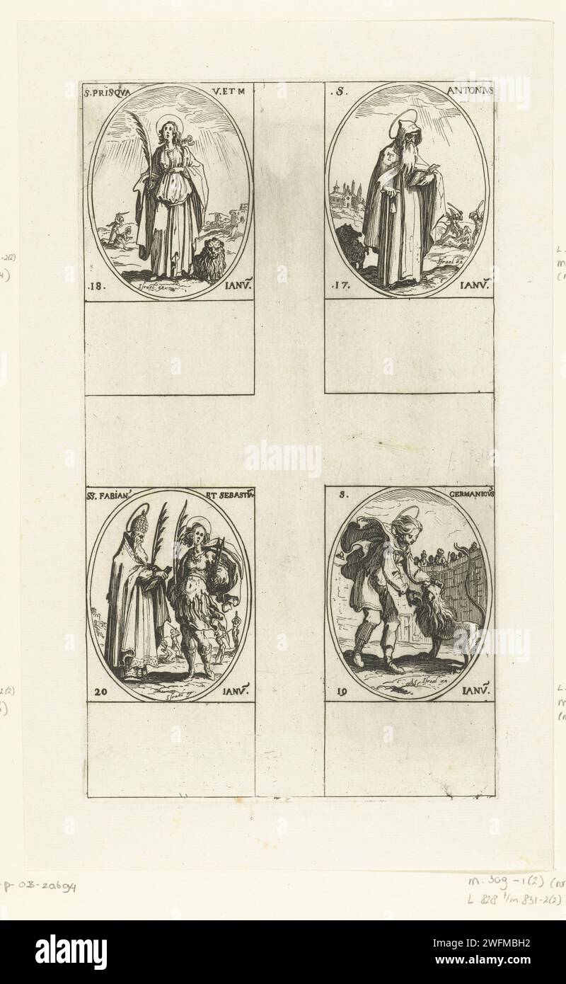 Heiliger Antonius Abt, Heilige Prisca van Rome, Heiliger Germanicus, Heiliger Fabianus und Heiliger Sebastiaan (17.-20. Januar), Jacques Callot, 1632 - 1636 Druckbogen mit vier ovalen Darstellungen, jeweils mit Inschrift und Datum in lateinischer Sprache: Oben rechts des Heiligen Antonius auf einem Wanderstock mit einer Uhr gestützt, oben links in der Heiligen Prisca mit einem Löwen daneben, der heilige Germanicus, der einen Löwen zitiert, unterhalb des heiligen Fabian mit einem Palmenzweig und des heiligen Sebastiaan mit zwei Pfeilen. Dieser Druck ist Teil einer Druckserie mit Darstellungen der Heiligen und der christlichen Feiertage des Jahres. Vier Stockfoto