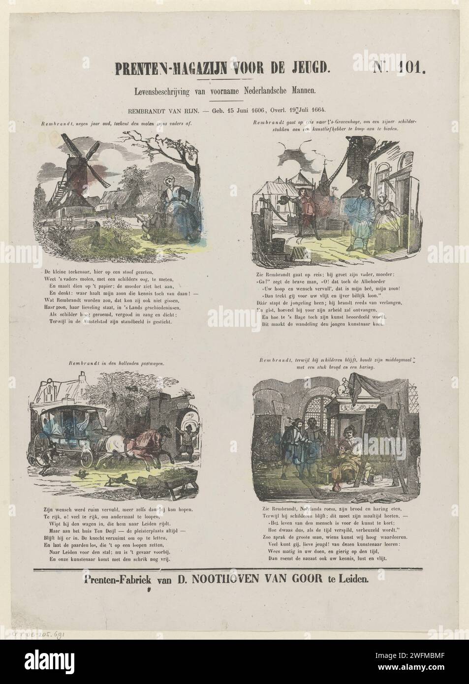 Rembrandt van Rijn. - Geb. 15. Juni 1606, dez. 19. Juli 1664, 1850 - 1881 Print Leaf mit 4 Aufführungen aus dem Leben von Rembrandt Harmensz. Van Rijn. Ein Titel über jeder Aufführung und ein achtzeiliger Vers darunter. Rechts oben nummeriert: Nr. 101. Verlag: Leidenprint Hersteller: Niederlande Papier Buchdruck Geschichte. Maler bei der Arbeit, in seinem Atelier Stockfoto