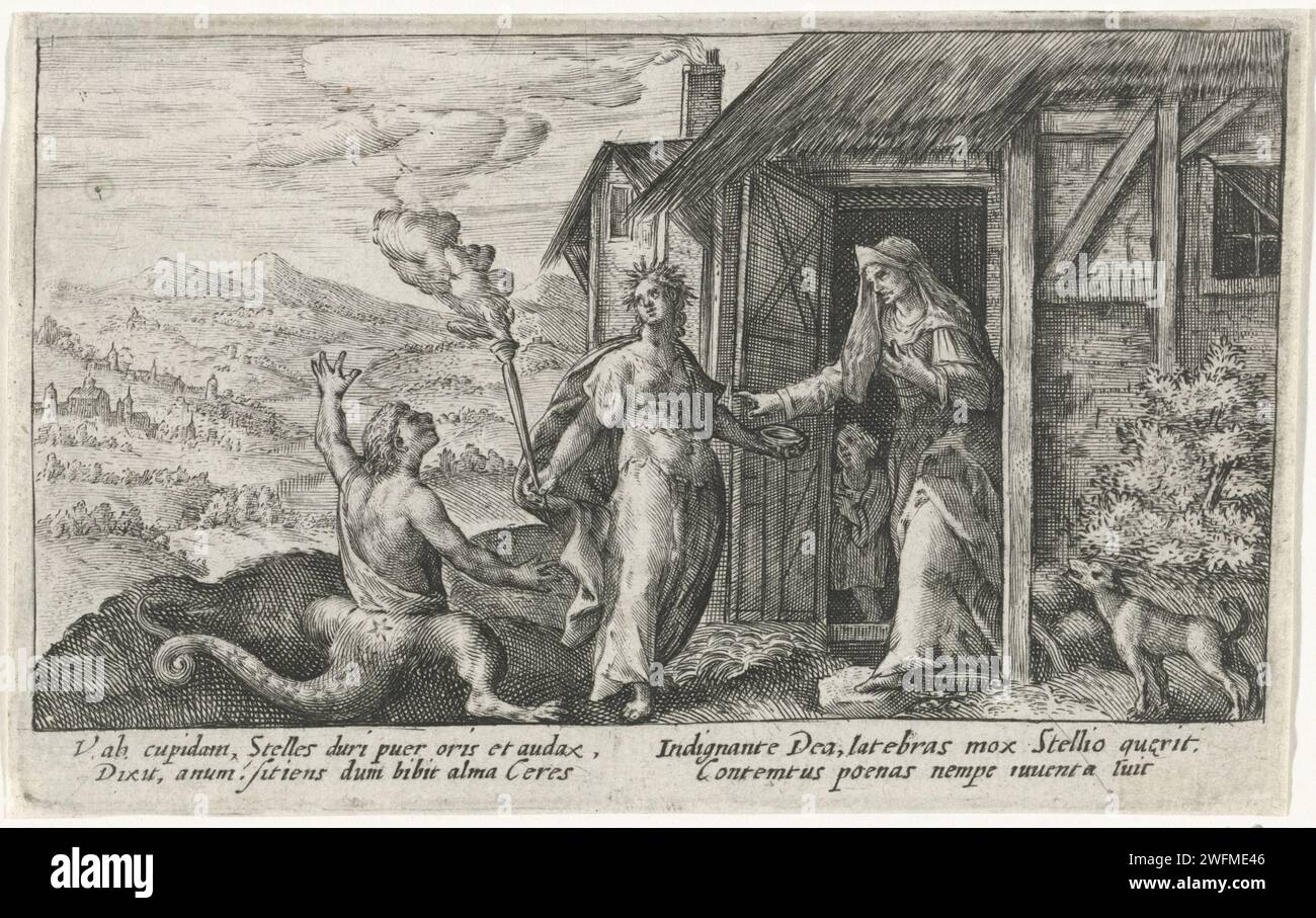 Ceres verwandelt Ascalabus in eine Eidechse, Crispijn van de Passe (I), 1602–1607 Druck Ceres durchstreift die Erde auf der Suche nach ihrer Tochter Proserpina, die von Pluto in die Unterwelt entführt wurde. Eine alte Frau gibt Ceres in ihrer Hütte zu trinken. Ihr Sohn (Ascalabus) neckt Ceres und ruft sie gierig an, worauf sie ihn in eine Eidechse verwandelt. Am Rand eine vierzeilige Beschriftung in zwei Spalten auf Lateinisch. Der Kölner Papierstich Ascalabus (Stellio, ABAS) wandelte sich in eine Eidechse: Ceres verwandelt den Jungen in eine Eidechse als Strafe für die Verhöhnung, als er ihren Durst zu eifrig stillt (Ovid, Metamor Stockfoto
