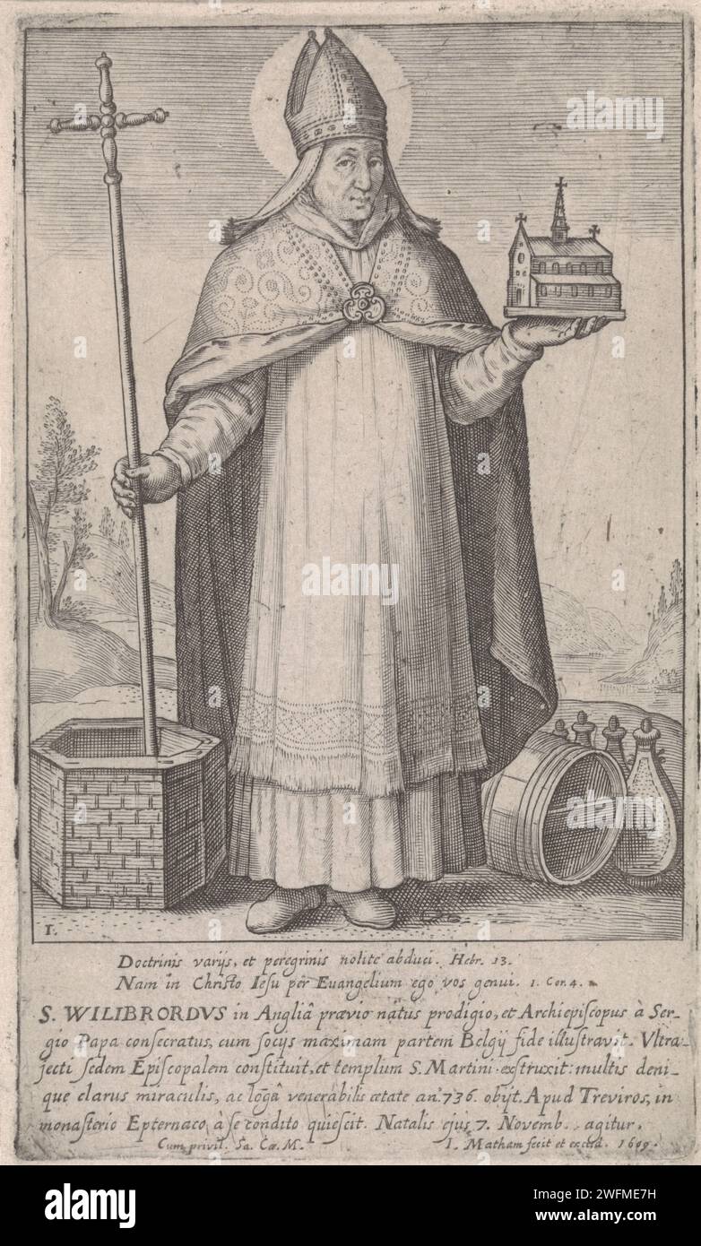 Saint Willibrord, Jacob Matham, 1607–1611 Druck Saint Willibrordus, Erzbischof von Utrecht, stehend mit Bisschopsmijter und STAF, in der linken Hand ein Modell von Dom van Utrecht. Links eine Quelle (Brunnen) und rechts ein Weinfass und Flaschen. Haarlemer Papier mit Stich des Apostels von Frisia und Erzbischofs von Utrecht, Willibrord (von Echternach); mögliche Attribute: Fass (Fass), Brunnen (Brunnen), Kind (auf einem Buch), Kirchenmodell, Steinflaschen Stockfoto