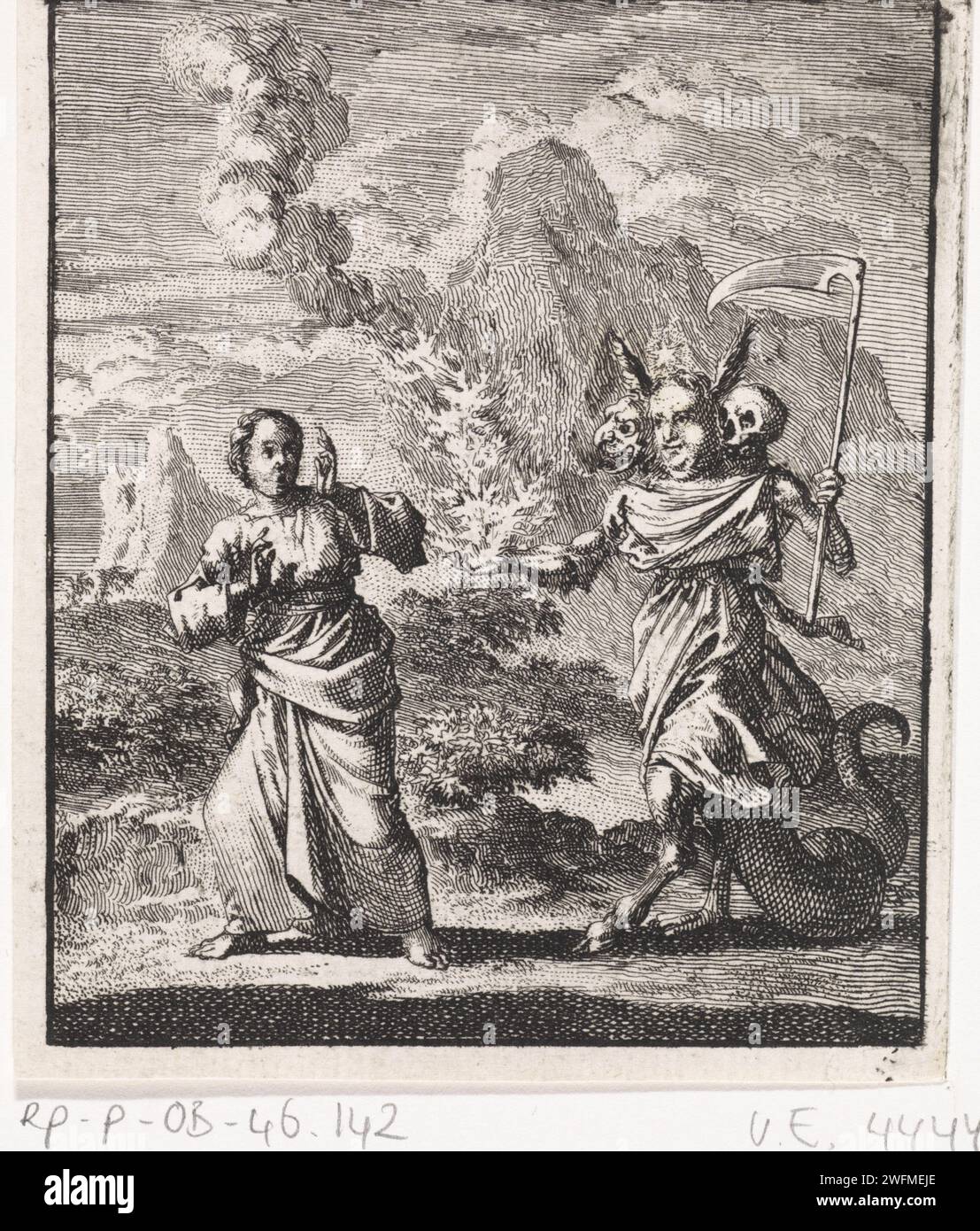 Personifizierte Seele trifft Sünde, Jan Luyken, 1714 Print die personifizierte Seele trifft auf die Personifizierung der Sünde, die ein brennendes Feuer für sie mit einer Sense in der Hand hält. Amsterdam Papier, das die Seele ätzt. Deputy, Böse, Sin; „Sin“ (Ripa) Stockfoto