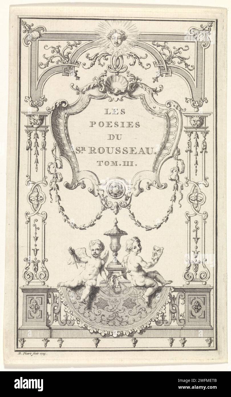 Titelseite für: J.B. Rousseau, oeuvres Diverses, 1734, Bernard Picart, 1725 Druck Zierrahmen mit Kartusche in der Mitte, in der der Titel in französischer Sprache steht. Unten zwei Putten mit Attributen in den Händen, die sich auf das Theater beziehen. Amsterdamer Papierätzung / Gravur Ornamente  Kunst. Symbolische Darstellungen, Allegorien und Embleme  das Theater Stockfoto