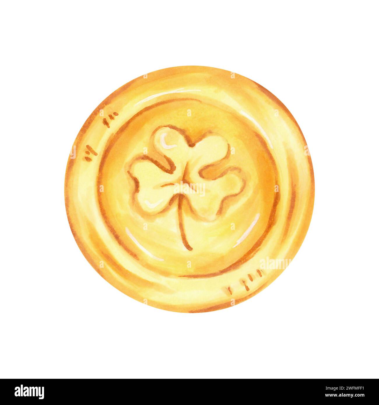 Goldmünze mit Klee. Symbol der St. Patrick's Day.Illustration mit Aquarellen und Markierungen.Hand gezeichnete isolierte Clipart.Skizze des Glücks, Gewinn Stockfoto