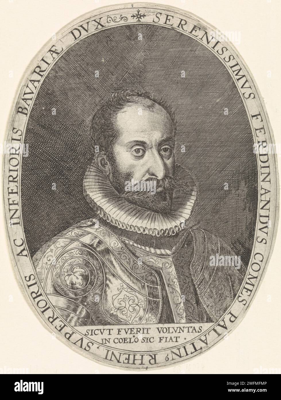 Porträt von Ferdinand van Bavaria, Crispijn van de Passe (I), 1574–1637 Druck Porträt des Bischofs Ferdinand van Bavaria, darunter steht ein lateinisches Motto. Unbekannte Papiergravur Stockfoto