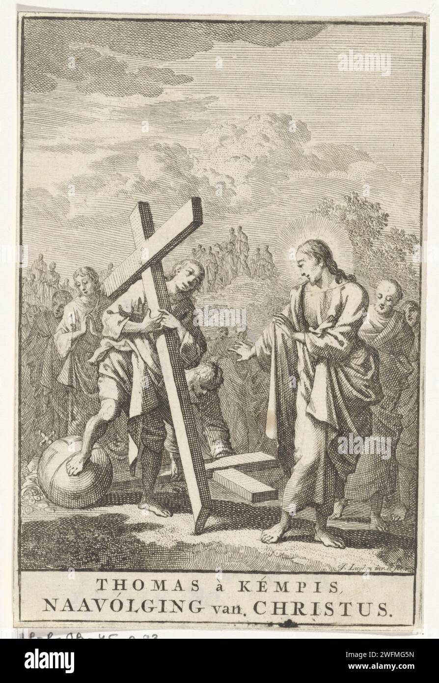 Titelseite von Thomas à Kempis 'Naavolging von Jesus Christus', 1707, Jan Luyken, 1707 Druck Amsterdamer Papier mit dem Kreuz  Symbole Christi. Christus. Die Erde, die Welt als Himmelskörper Stockfoto